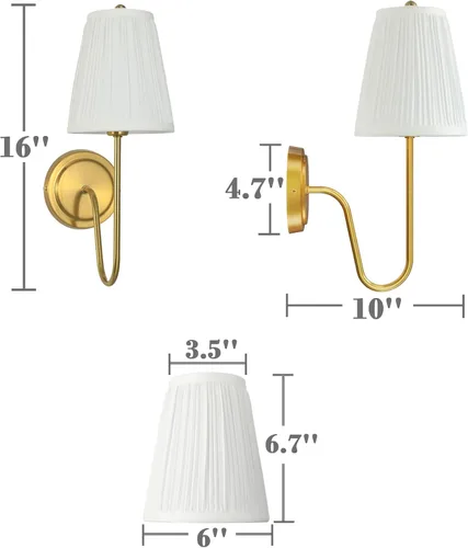 Miniatura 5 de Electro bp; Elegantes apliques de pared individuales con pantallas de lámpara de brocado plisado blanco y brazo curvo de metal dorado pulido, luz