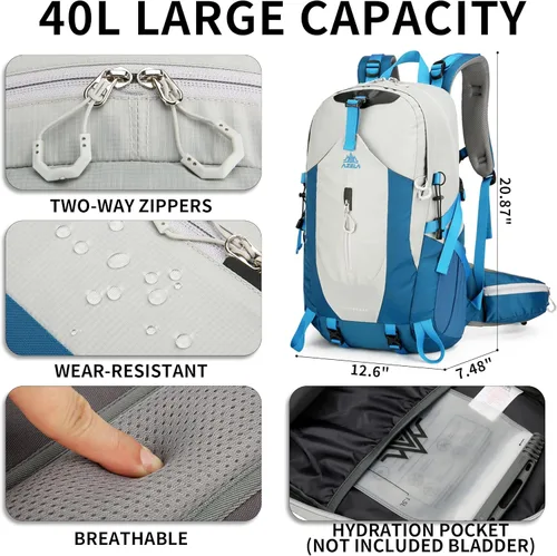 Miniatura 2 de Mochila de senderismo de 40 L para hombres y mujeres, ligera, impermeable, plegable, para campamento, viajes, con cubierta para la lluvia