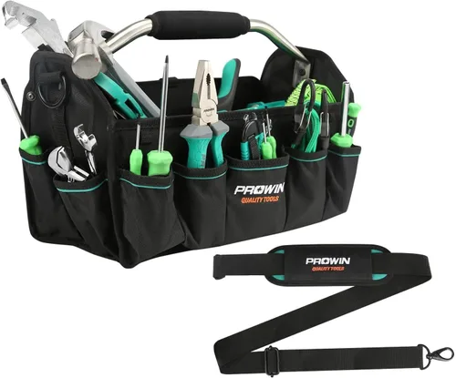 Prowin Organizador de herramientas multibolsillo de 16 pulgadas con parte inferior impermeable de plástico, plegable, resistente, bolsa de