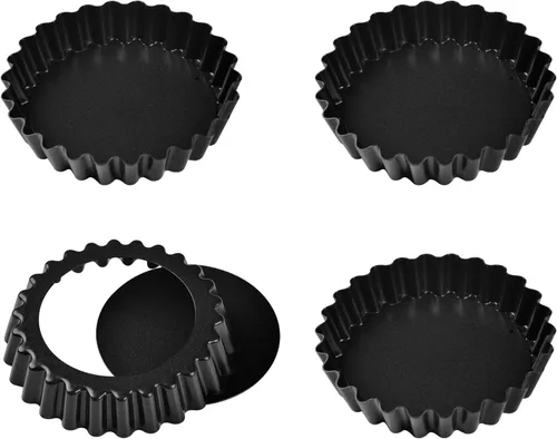Juego de mini sartenes para tartas de 4 pulgadas, 4 piezas con parte inferior suelta extraíble, antiadherente, redonda, quiche, para horno y cocción
