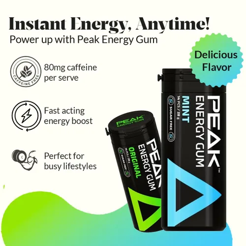 Miniatura 2 de Peak Energy Gum Caffeinated Chewing Gum - Sugar Free With B Vitamins B3 B5 B6 B12 for Focus and Performance - Caffeinated Energy Boost - Natural