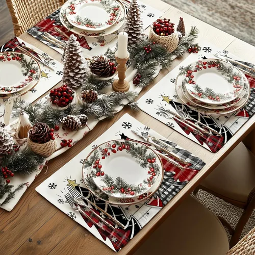 Miniatura 5 de GEEORY Manteles Individuales de Navidad 12x18 Pulgadas Juego de 4, Árboles de Navidad Copos de Nieve Invierno Estacional Vacaciones Estilo Granja