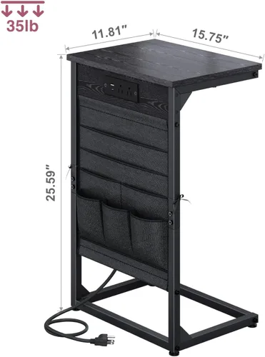 Miniatura 2 de Mesa auxiliar en forma de C con estación de carga rápida, mesa lateral pequeña para sofá con bolsa de almacenamiento, bandeja de TV para sofá