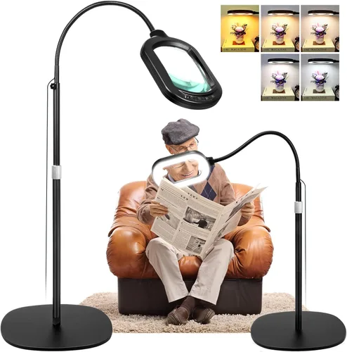 Lupa grande con luz y soporte, lente de vidrio real óptico rectangular de 10X, lámpara de pie de lupa de cuello de cisne ajustable en altura, 5