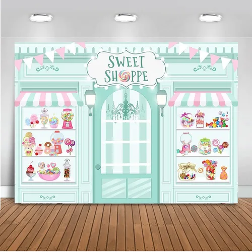 Mocsicka Sweet Shoppe Telón de Fondo Salón de Postres para Decoraciones de Fondo de Fiesta de Cumpleaños de Niña Decoración de Mesa de Pastel de Azul