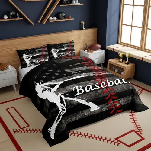 Miniatura 6 de Erosebridal Juego de edredón de béisbol para niños, ropa de cama vintage con bandera americana, tamaño Queen para adultos, niñas, niños