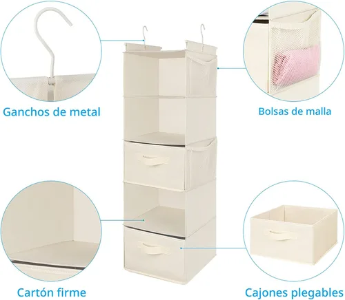 Miniatura 7 de MAX Houser Organizador Colgante de Closet de 5 Niveles, Estante Colgante de Tela con 2 Ganchos Resistentes para Almacenamiento, Plegable (Beige-D2)
