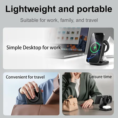 Miniatura 9 de Estación de carga inalámbrica plegable 3 en 1 Cargador plegable magnético para iPhone Apple Watch AirPods Estación de carga de viaje para Negro