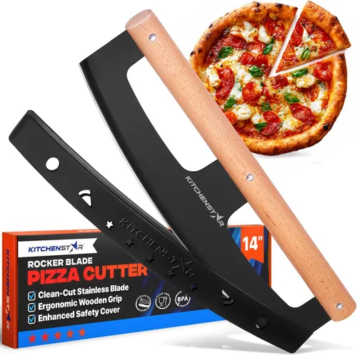 Miniatura 9 de KitchenStar Cuchilla de corte de pizza de 16 pulgadas, cuchillo cortador de acero inoxidable afilado, elegante mango de madera de haya, cubierta