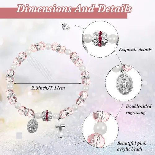 Miniatura 2 de Junkin Beaded Stretch Rosary Bracelet with Mesh Bags Catholic Bracelets for Women Girls Religious Rosary Bead Bracelet Pink Bracelet Crucifix Medal