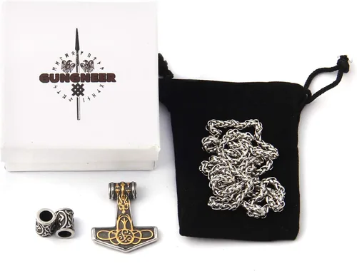 Miniatura 2 de Gungneer Triskele Triquetra Valknut Mjolnir Thors - Collar con colgante de martillo de acero inoxidable, accesorios vikingos nórdicos para hombre