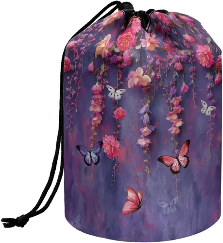 Miniatura 23 de Poceacles Bolsa de maquillaje con cordón, estuche portátil para cosméticos, bolsa de aseo de viaje, organizador de barril, bolsa de almacenamiento