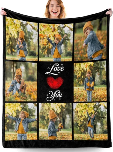 Miniatura 12 de Manta personalizada con fotos, manta personalizada con fotos con texto en inglés "I Love You", regalo de cumpleaños para novia, novio, esposa