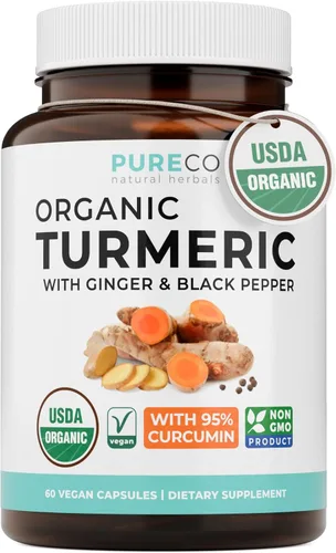 Suplemento orgánico de cúrcuma, jengibre y pimienta negra - Cápsulas de curcumina de cúrcuma orgánica de alta potencia con jengibre y pimienta negra
