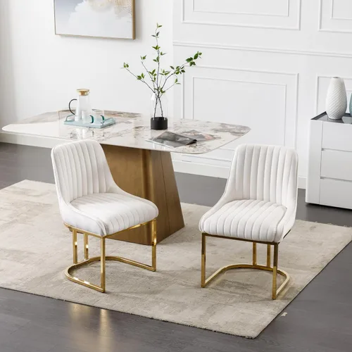 Miniatura 7 de Shunzhi Juego de 2 sillas de comedor modernas de terciopelo tapizadas, sillas de cocina con patas de metal dorado/respaldo sin brazos para cocina