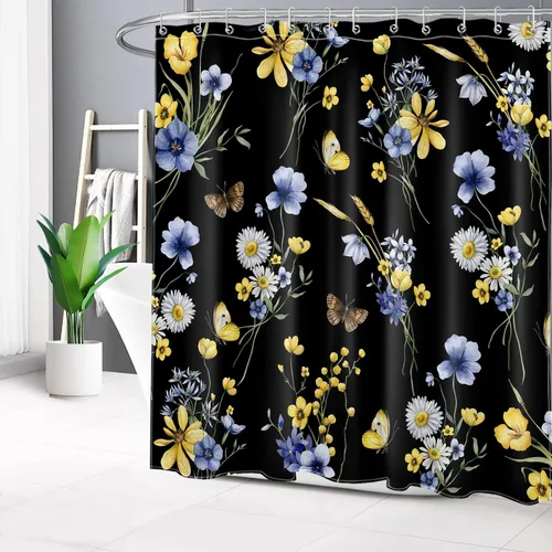 Miniatura 21 de EOBTAIN Cortina de ducha floral de acuarela para baño, margaritas y mariposas sobre tela beige con 10 ganchos, juego de cortinas de baño rústicas