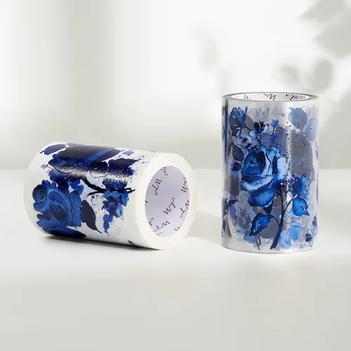 Miniatura 8 de WT Cinta ancha de PET azul cobalto, rollo individual, diseños originales, decoraciones florales, adhesivo transparente claro, diario basura