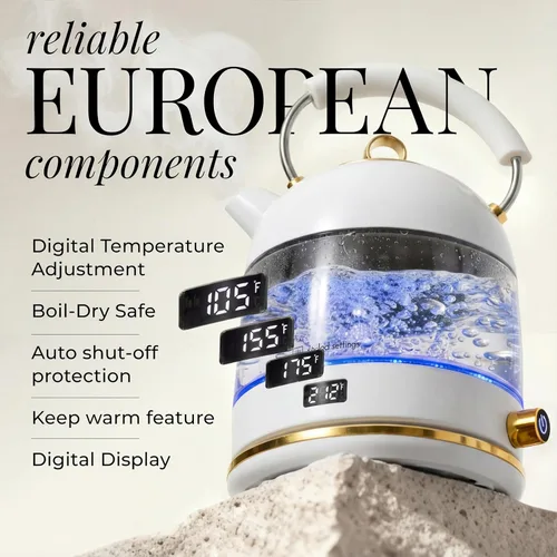 Miniatura 3 de Tetera eléctrica blanca con control de temperatura, caldera de agua caliente rápida de 1500 W y calentador - Hervidor eléctrico blanco y dorado