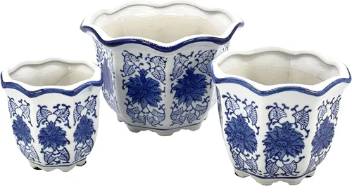 Miniatura 7 de Galt International Macetas decorativas de cerámica de porcelana floral azul y blanca 8"/6"/4.5" pulgadas, macetas de jardín con diseño chino Azul