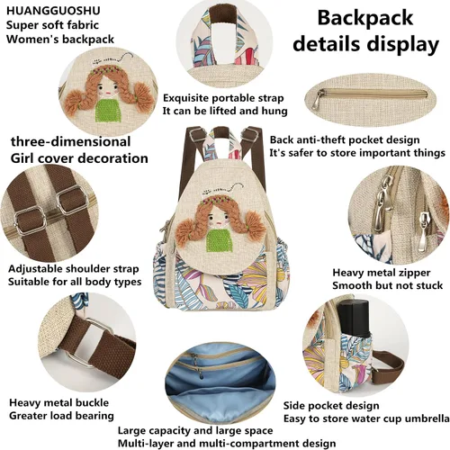 Miniatura 81 de HUANGGUOSHU Mochila de algodón tejida de algodón bohemio con bordado de lona estilo bohemio con múltiples bolsillos retro linda mochila cartera