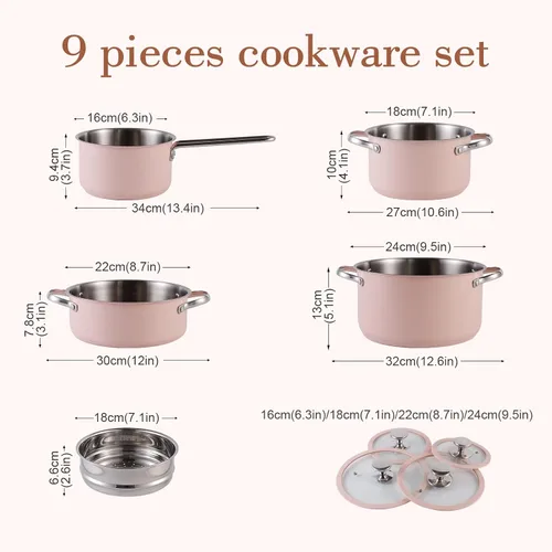 Miniatura 2 de Juego de utensilios de cocina de acero inoxidable de 9 piezas para cocina familiar, grado 304, exterior recubierto de cerámica, ollas y sartenes
