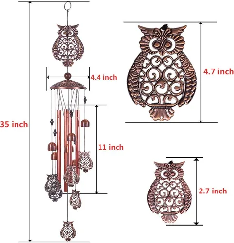 Miniatura 3 de Campanillas de viento de búho para decoración de interiores y exteriores, con 4 tubos de aluminio, 6 campanas, 7 búhos, 37 pulgadas, impermeables