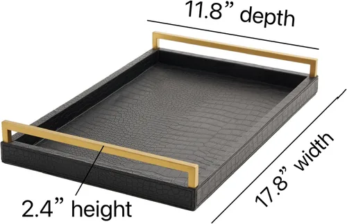 Miniatura 3 de Bandeja otomana de cuero de 17.8 x 11.8 pulgadas, bandeja grande para servir con asas doradas cepilladas para bares, fiestas, comedor, bandeja