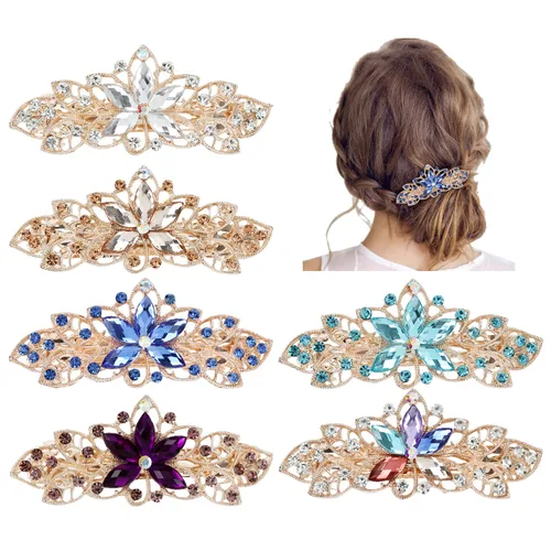 Lawie Paquete de 6 pinzas para el cabello de metal con diamantes de imitación brillantes con diamantes de imitación de flores francesas, pinzas para