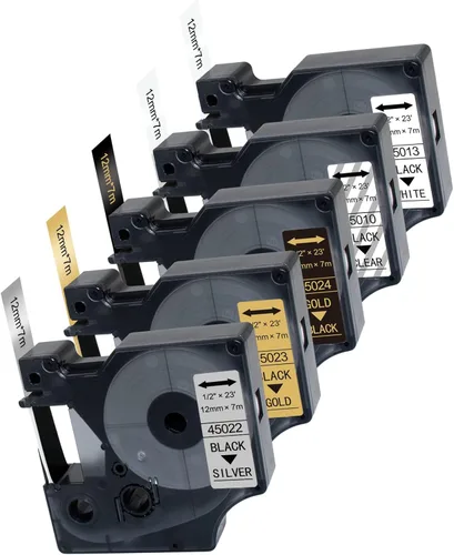 Miniatura 11 de Paquete de 4 recambios para rotuladora Dymo D1, negro sobre transparente 45010 S0720500, 1/2 pulgada x 23 pies cinta de etiquetas transparente D1