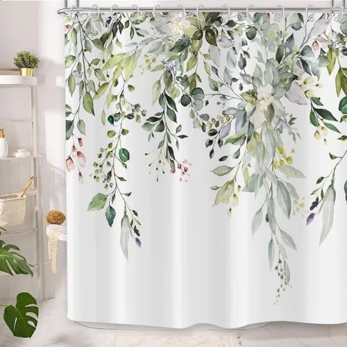 Miniatura 3 de Cortina de ducha de eucalipto, hojas verdes de acuarela en la parte superior con cortina de baño floral, decoración de baño para bañera, tela Hoja
