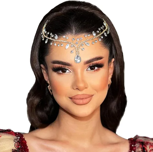 NAISKA Diadema de cristal dorado con forma de lágrima de boda, diadema de novia, cadena de pelo para la frente, accesorios para el cabello, joyería