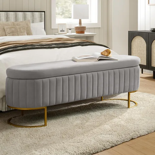 Miniatura 11 de EcoHarbor Living Banco de almacenamiento de 50.5" para pasillo, otomano tapizado con extremo de cama de terciopelo con patas doradas, reposapiés