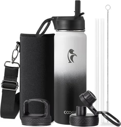 Miniatura 96 de Coolflask Botella de agua de 20 onzas aislada con pajilla, 3 tapas de metal de acero inoxidable, botella de agua de boca ancha para deportes u