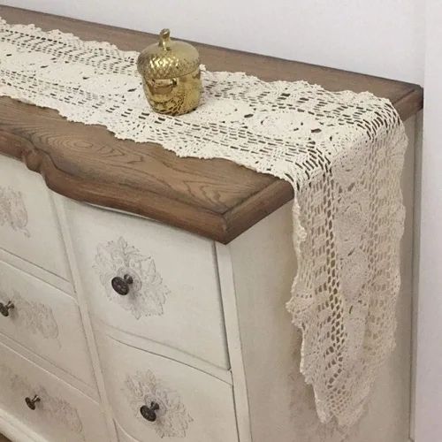Miniatura 6 de KEPSWET Camino de mesa ovalado de algodón hecho a mano con encaje de ganchillo color beige de 12x36 pulgadas
