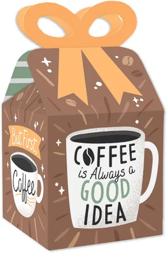 Big Dot of Happiness But First, Coffee – Cajas de regalo cuadradas – Cajas de lazo para fiesta temática de café – Juego de 12