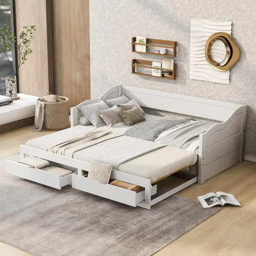 Miniatura 11 de JIVOIT Sofá cama extensible con cama nido y dos cajones de almacenamiento, marco de sofá cama de madera con soportes de listones de madera, diseño