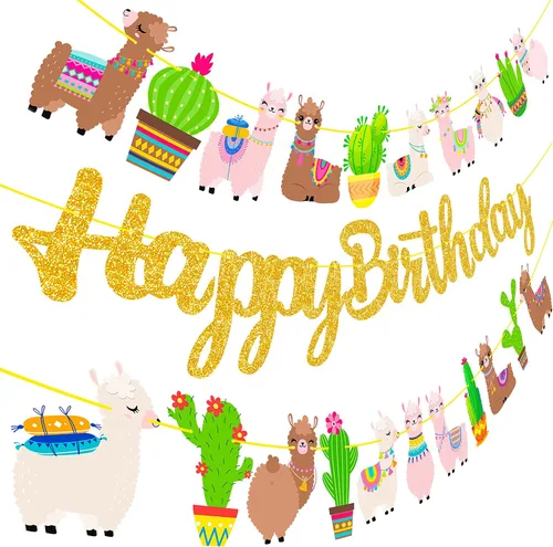 Miniatura 2 de Cartel de fiesta de cactus de llama, pancarta dorada para fiesta de cumpleaños, 3 unidades, decoraciones de cartón de alpaca para fiesta