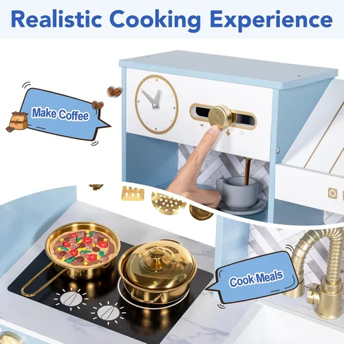 Miniatura 4 de BRINJOY Cocina de Juguete para Niños, Juego de Cocina de Madera para Niños con Cafetera, Horno, Estufa, Fregadero, Delantal, Máquina de Hielo, Azul