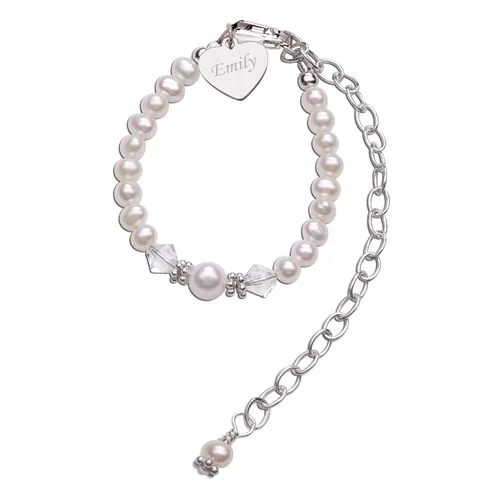 Miniatura 2 de Cherished Moments Pulsera personalizada de recuerdo de bebé a novia con corazón grabado en plata de ley 925 y perlas cultivadas para bebé niña