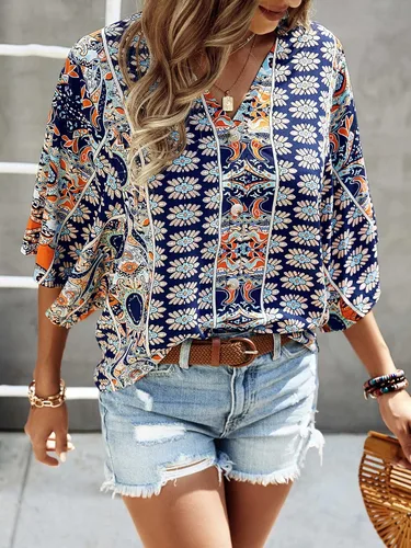 Miniatura 4 de SOLY HUX Women's Boho Print V Neck 34 Bell Sleeve Button Front Summer Blouse Top