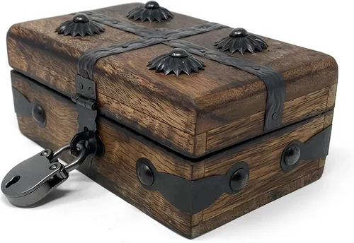 Miniatura 6 de Nautical Cove - Cofre del tesoro de madera con cerradura de hierro antigua y llave de esqueleto (XS, 5 x 3 x 2) - Almacenamiento y decoración