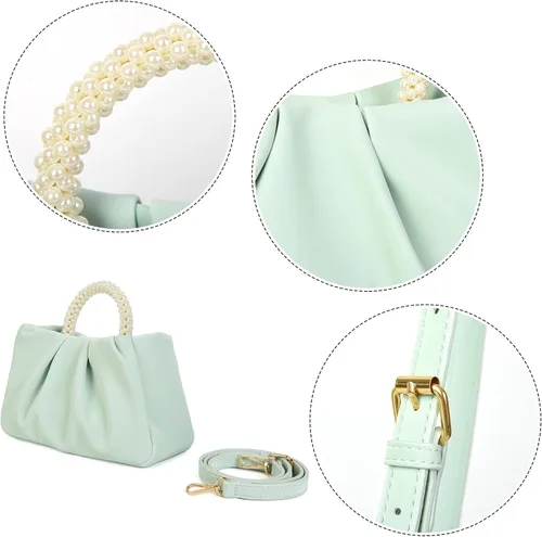 Miniatura 5 de Valleycomfy Bolsos de mano de noche con perlas para mujer, de cuero suave, fruncidos, cruzados, bolsa de hombro para fiestaboda