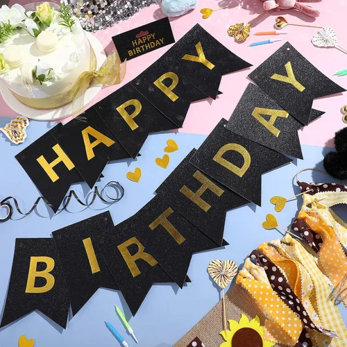 Miniatura 6 de Clabby Cartel de feliz cumpleaños negro con purpurina con letras brillantes de feliz cumpleaños con purpurina brillante para colgar suministros