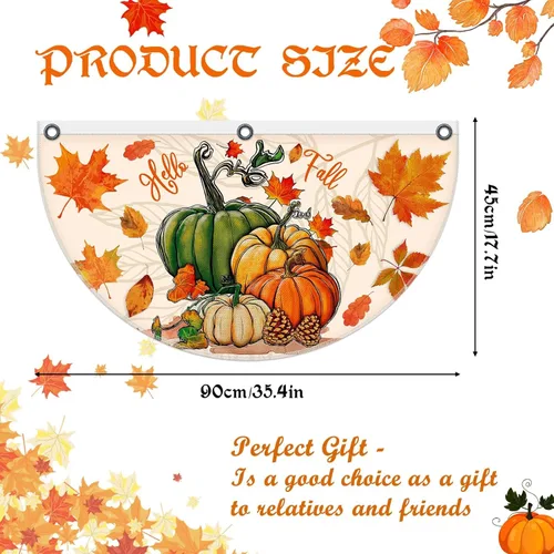 Miniatura 2 de Cumule Paquete de 4 banderas de ventilador de Hello Fall con parche de calabaza, banderines de bienvenida, otoño, cosecha, medio abanico, bandera