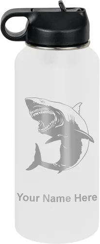 Miniatura 33 de LaserGram Botella de agua personalizada, gran tiburón blanco, acero inoxidable de doble pared aislada al vacío con popote superior, regalo grabado