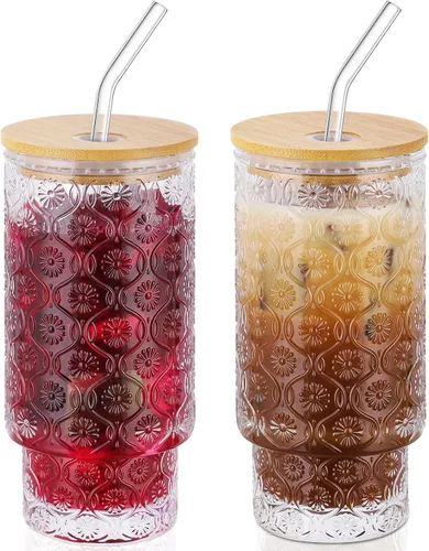 Miniatura 11 de CWHHRN Vasos de vidrio de 16 onzas con tapas y pajitas, cristalería vintage en relieve para whisky, cóctel, cerveza, taza de café helado con tapa