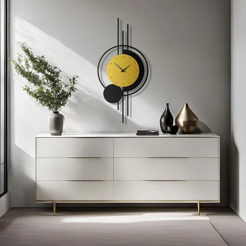 Miniatura 8 de pluviart Reloj de pared geométrico dorado y negro, reloj de metal silencioso grande, arte de pared moderno de mediados de siglo para sala de estar