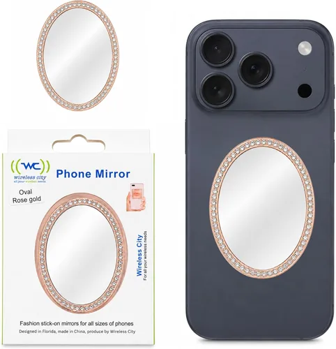 Wireless City Espejo ovalado para teléfono, espejo de maquillaje con diamantes de oro rosa con circonita cúbica, 2.2-2.8 in, ideal para maquillaje y