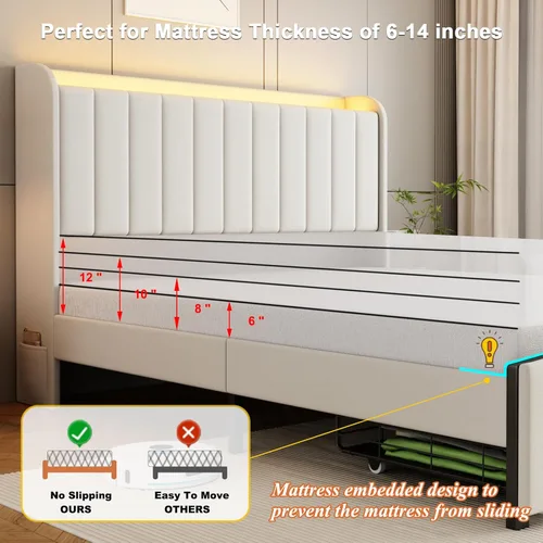 Miniatura 7 de Base de cama tamaño queen con cabecera de almacenamiento y 2 cajones, base de cama tapizada con luces LED y práctica estación de carga, no necesita