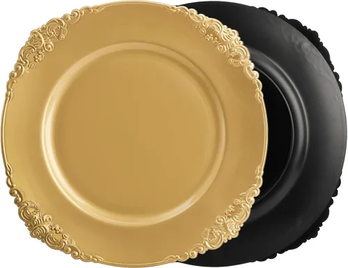 Miniatura 5 de Okllen Paquete de 12 Platos Base Dorados, Platos Base Redondos para Cena de 13" con Borde en Relieve para Catering, Boda, Decoración de Mesa